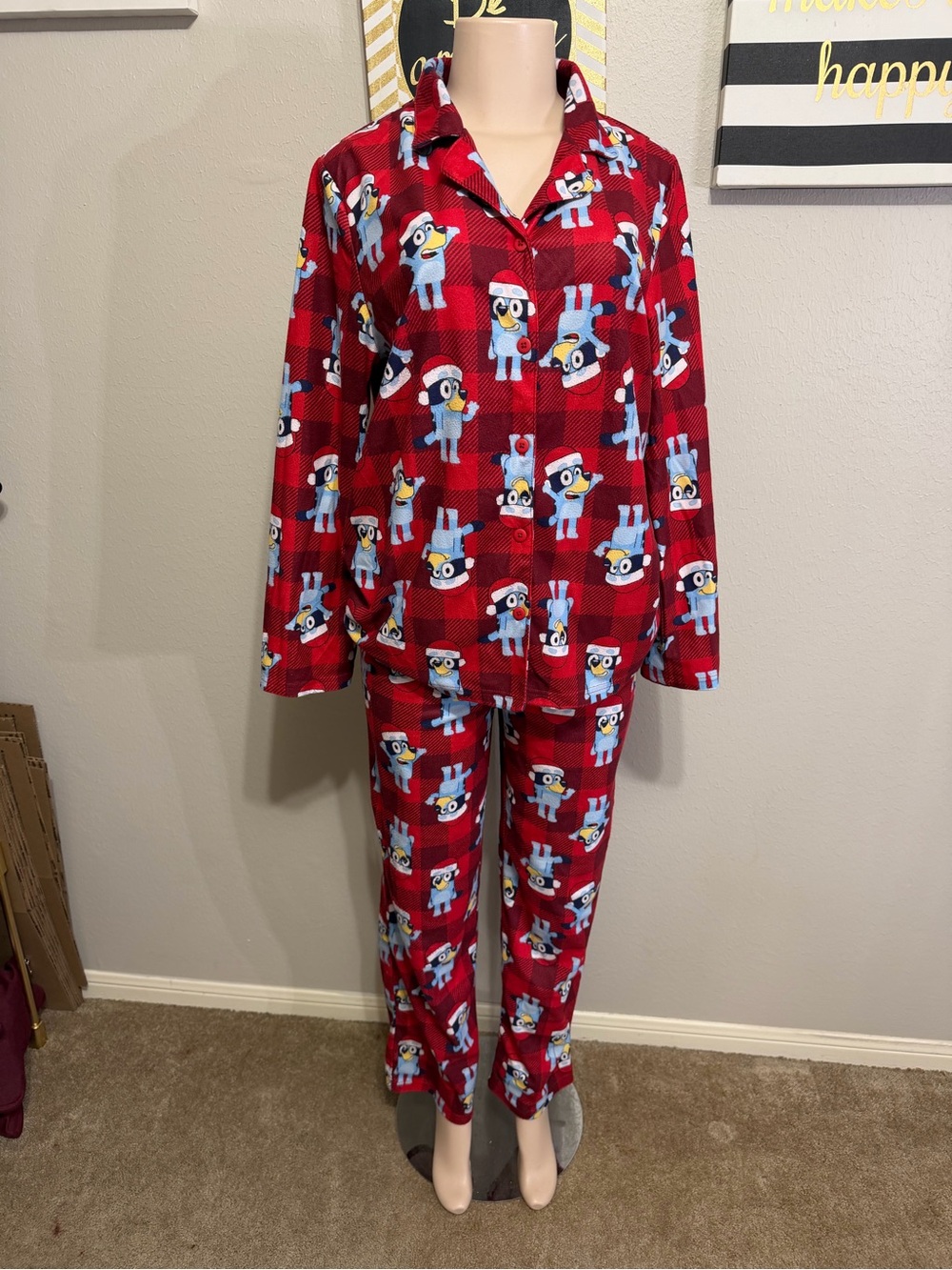 Red Bluey Christmas Plaid Pajama Set - Cozy Button-Front Sleepwear